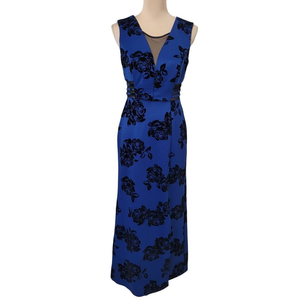 Enfocus Studio Size 6 Royal Blue with Black Velvet Floral Cocktail Gown/Dress